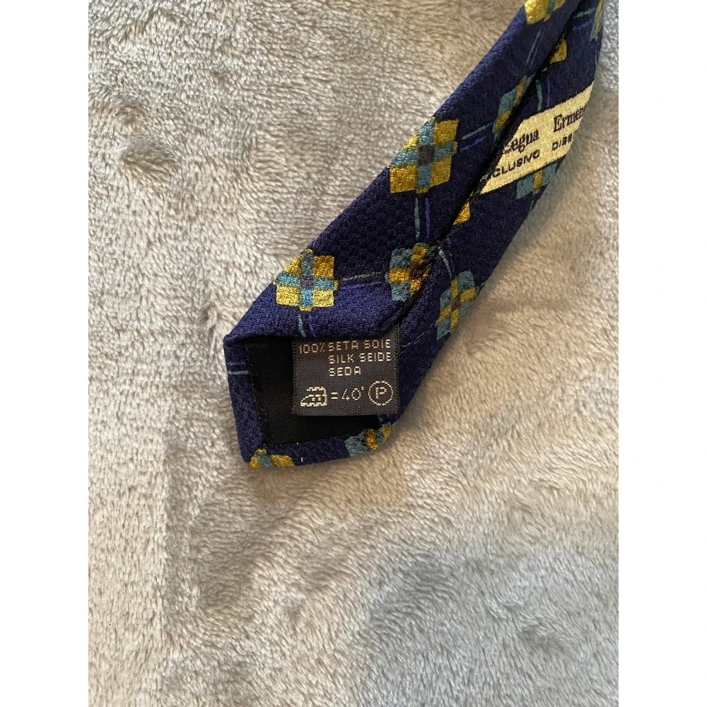 Ermenegildo‎ Zegna Tie Navy Blue Gold Silk Geometric Disegno Esclusivo Italy